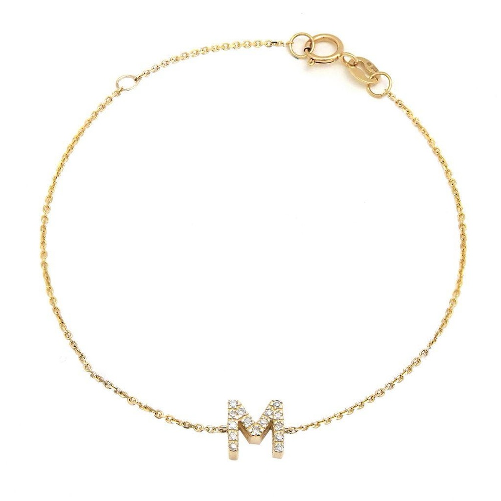 14K Real Yellow Gold Initial ”M” Single Prong Diamond Bracelet 7+1″
